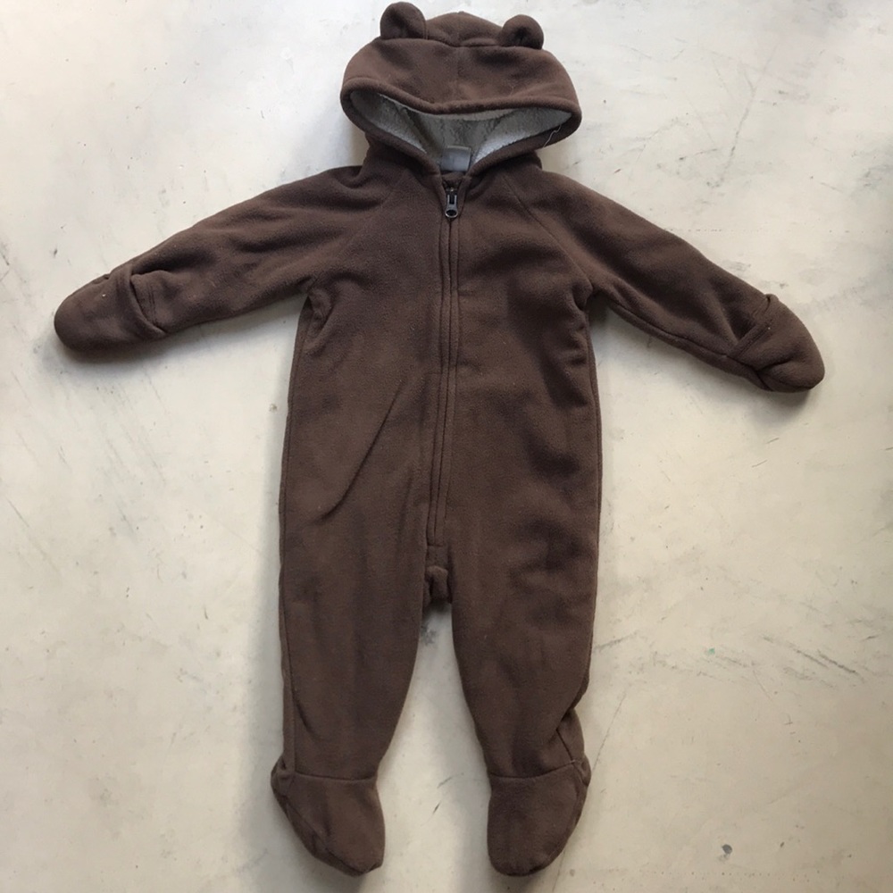 EUC brown bear fleece suit size 6-12m